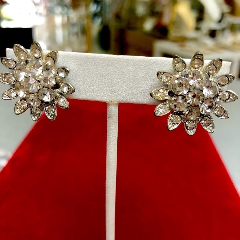 Lisner Silver Rhinestone Clip Cocktail Earrings